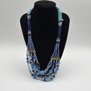 Multi Strand Blue Beaded Necklace Boho Statement Layered Glass Seed Beads